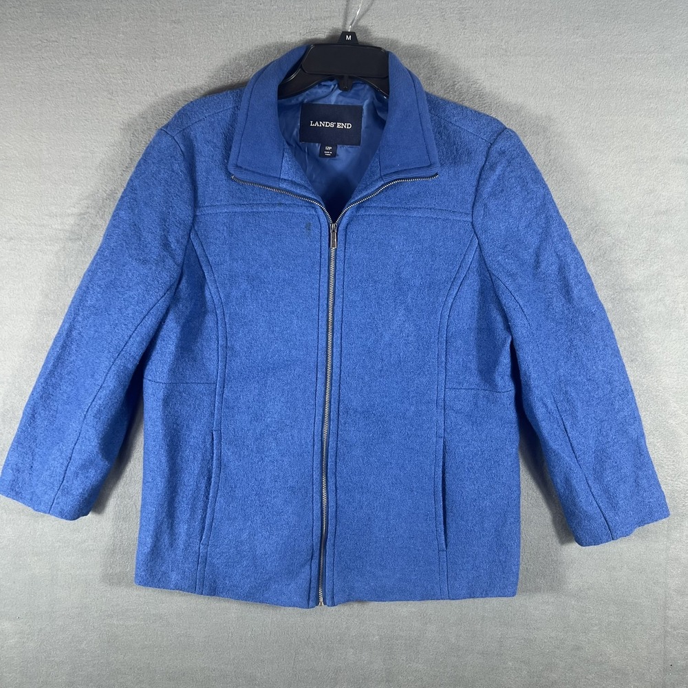 Lands' End Women's Blue Wool Blend Full Zip Jacket Coat Size 12P‎ Petite